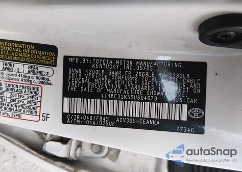 2005 Toyota Camry Le из США, поврежденный, VIN 4T1BE32K55U604679